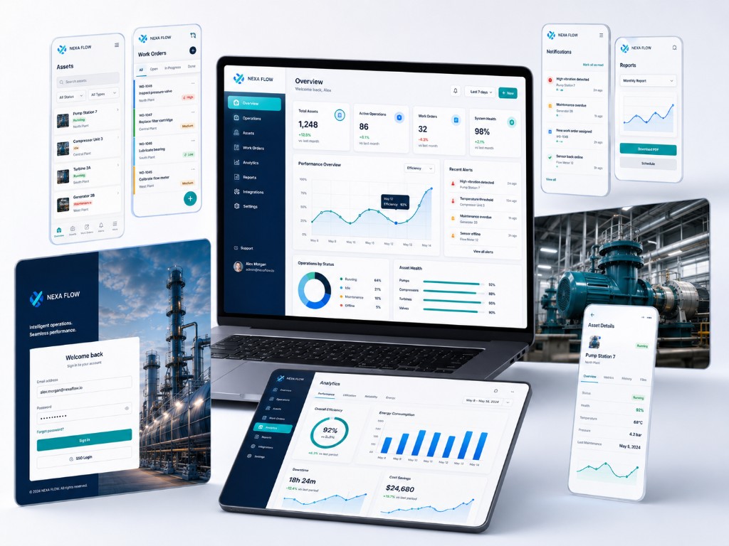 Panel de app web y móvil para operaciones industriales